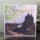 Black Cat Card. Handmade blank watercolour painting art card for cat lover.