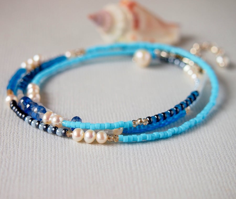 Turquoise Blue Beaded Wrap Bracelet - Necklace - Sterling Silver