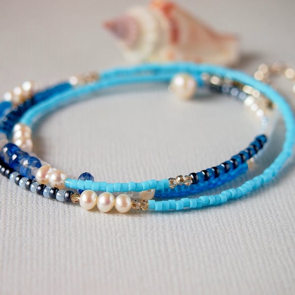 Turquoise Blue Beaded Wrap Bracelet - Necklace - Sterling Silver