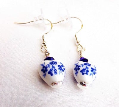 Floral Ceramic Heart and Crystal Earrings.