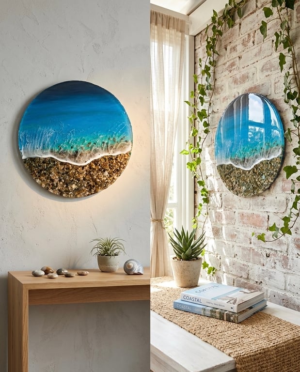 30cm Round Resin Ocean Wall Art, 3D Beach Wave Painting with Real Pebbles