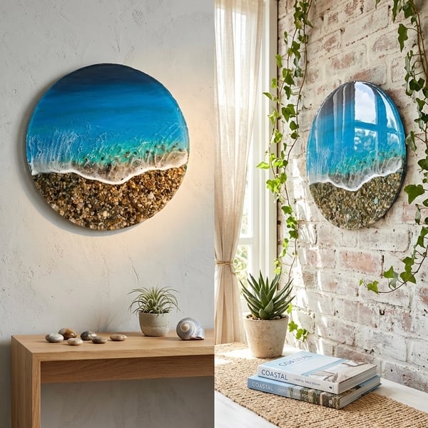 30cm Round Resin Ocean Wall Art, 3D Beach Wave Painting with Real Pebbles