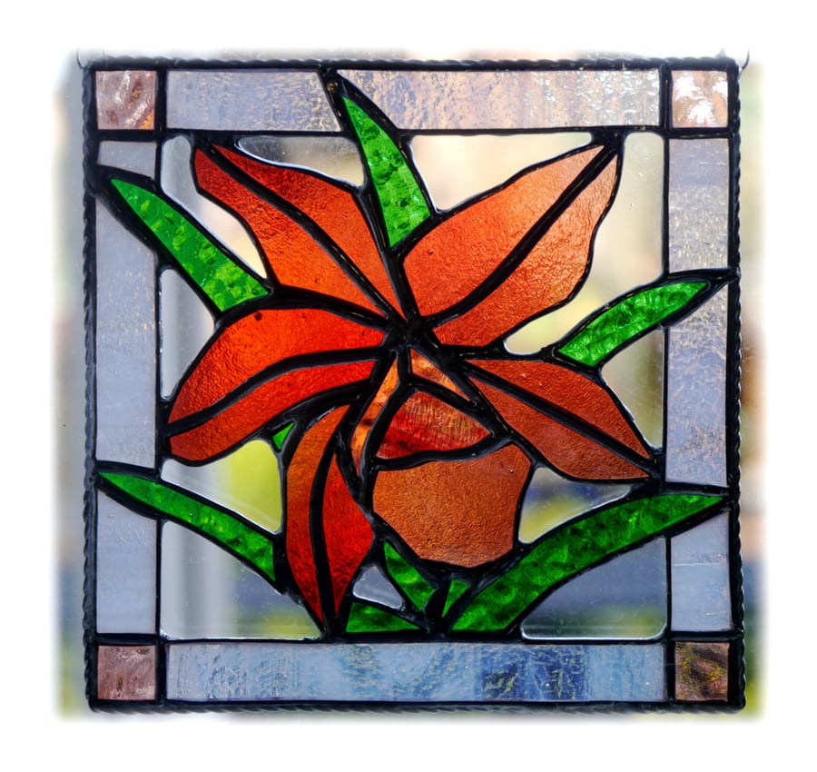 Orchid Stained Glass Suncatcher Rose Red Framed 