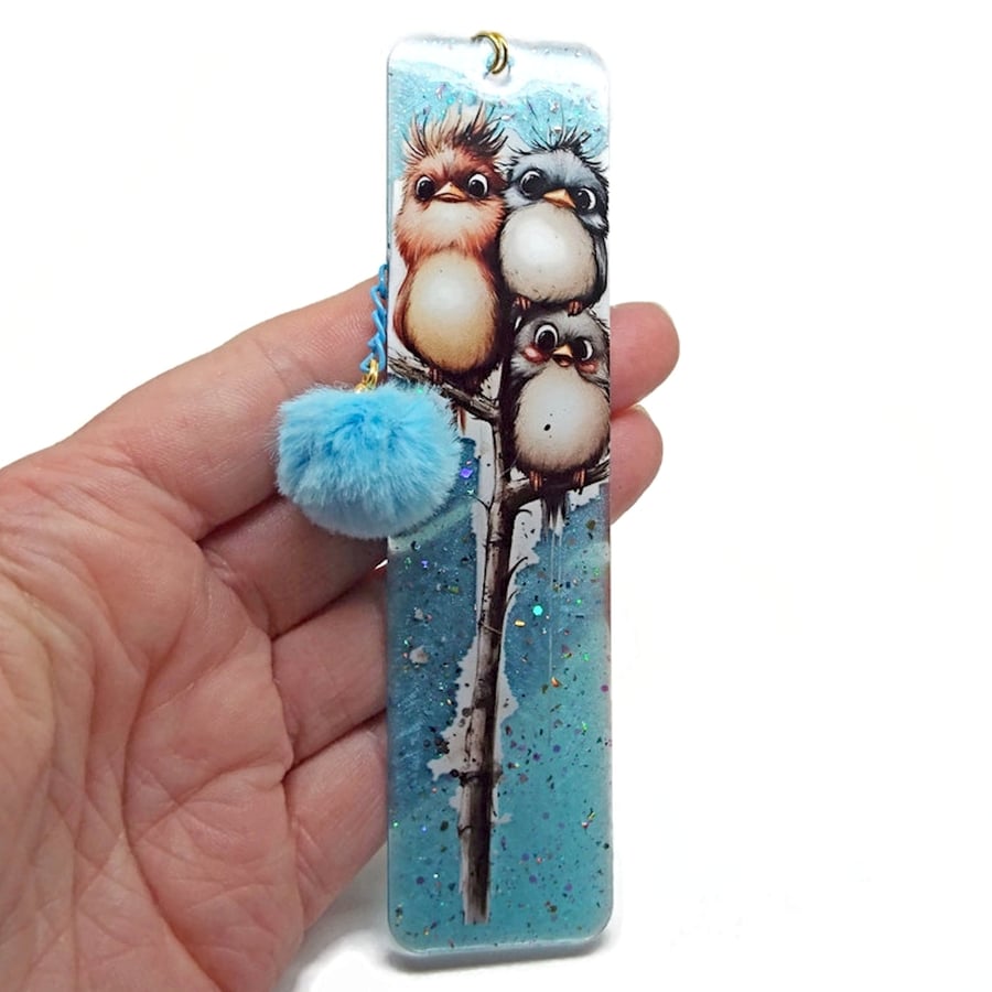 Blue Winter Birds Bookmark with Pompom
