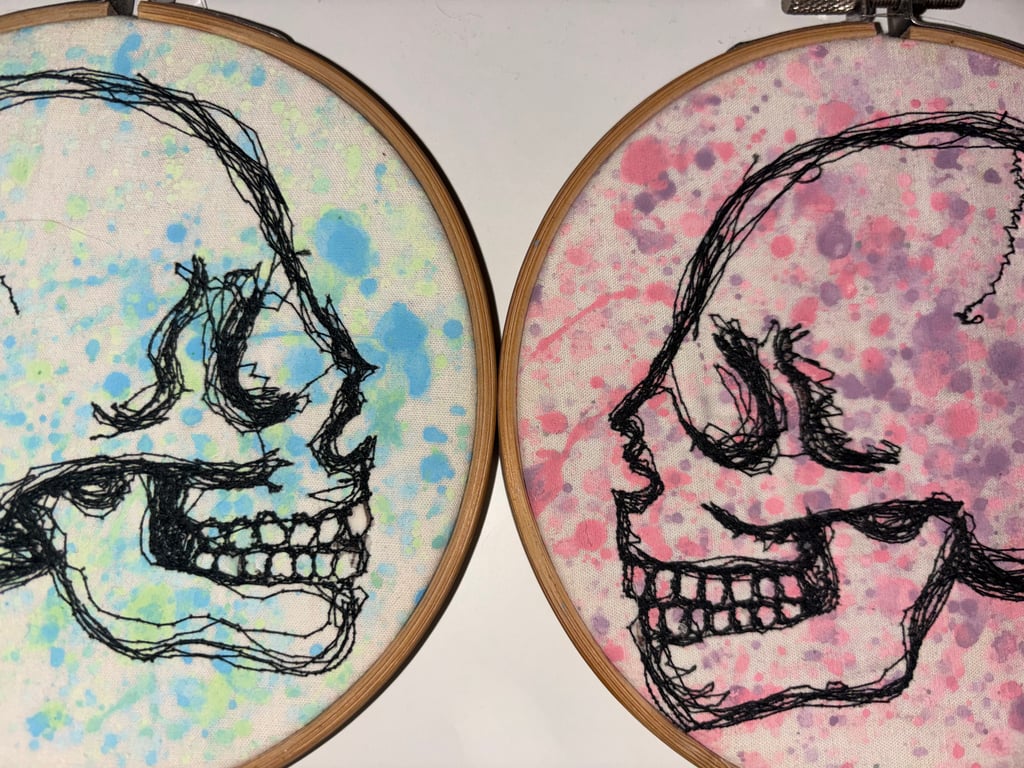 Colourful skull drawing embroidery 