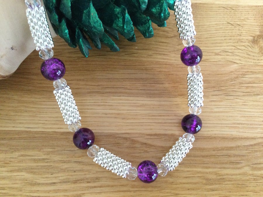 Purple Bead and Snowflake Spacer Bead Necklace