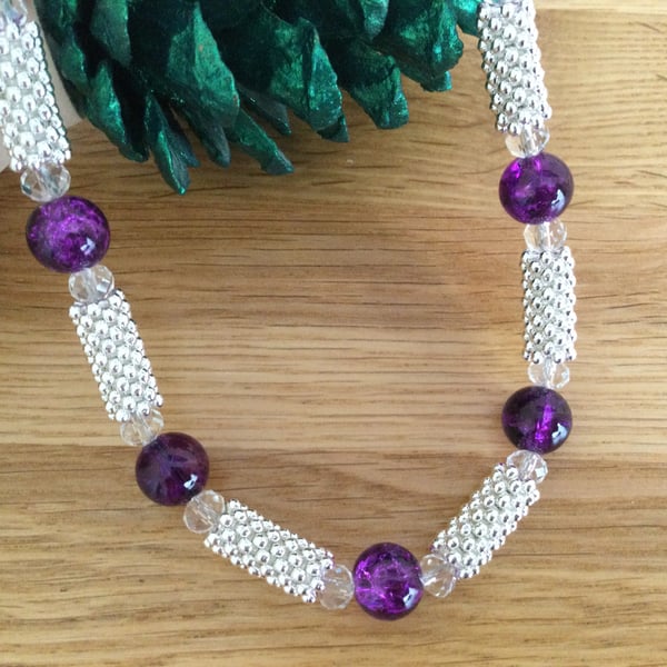 Purple Bead and Snowflake Spacer Bead Necklace