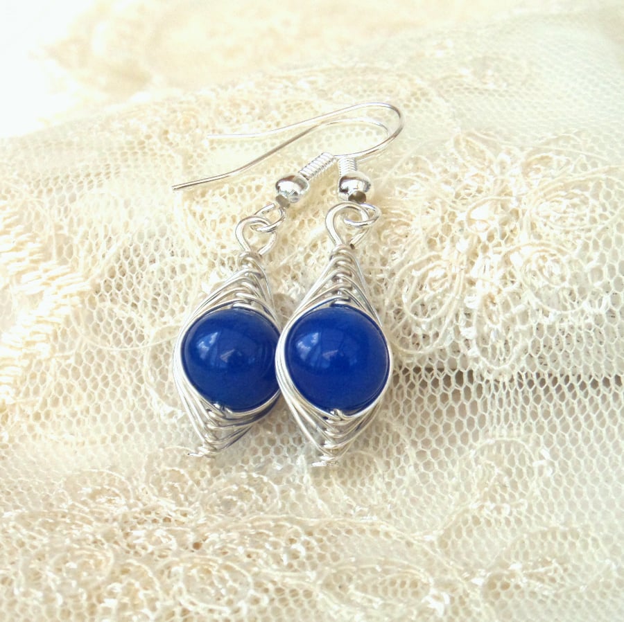 Wire wrapped blue jade earrings