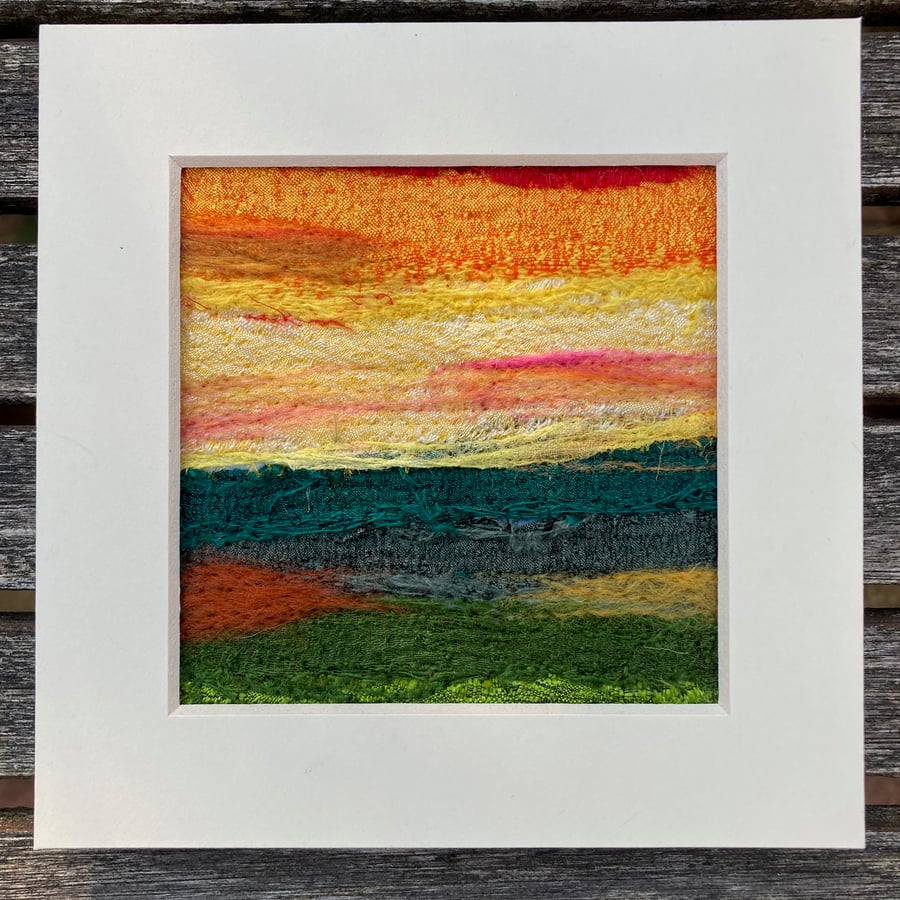 Textile Art abstract landscape sunset with mount 5" x 5"