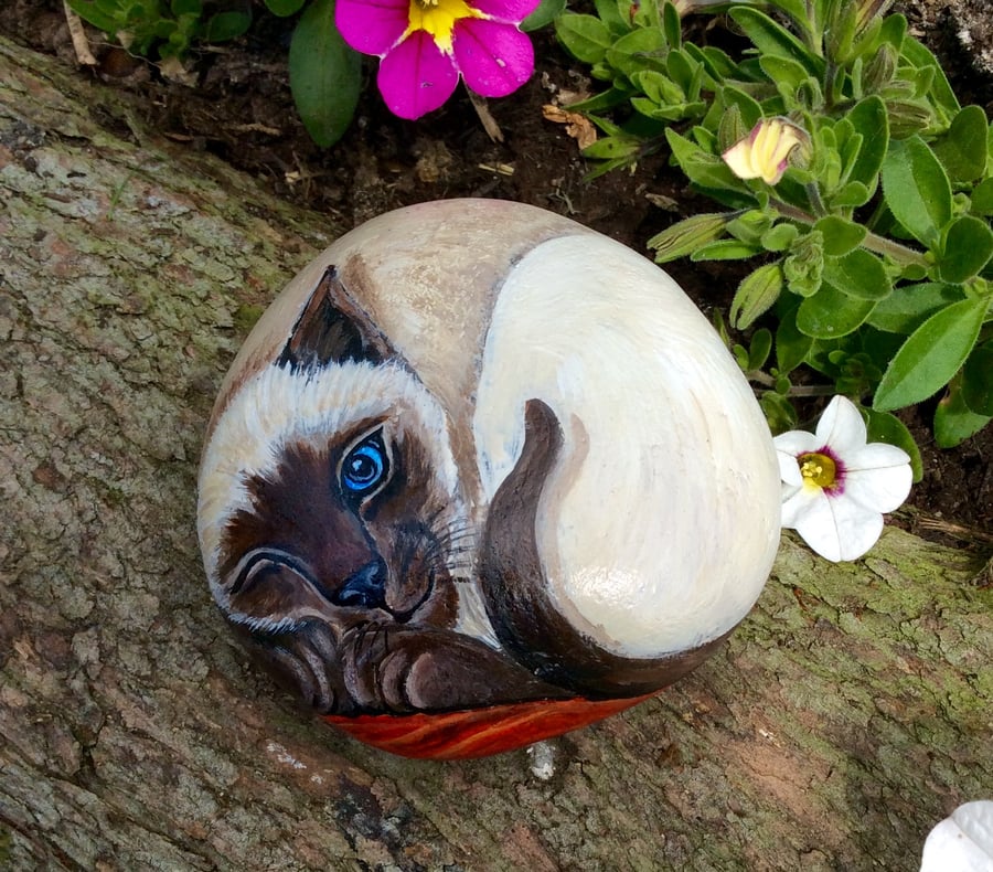 Siamese cat painting on pebble 