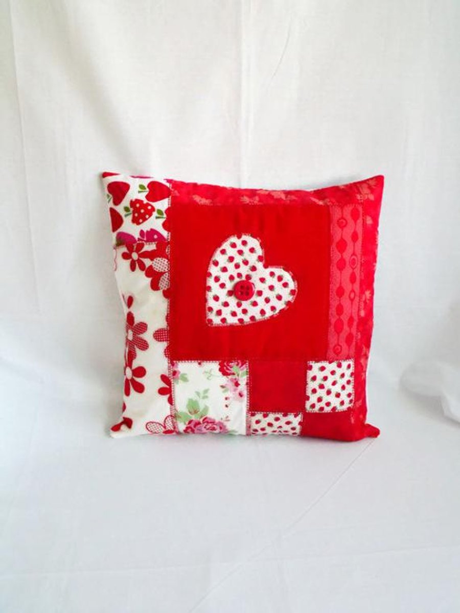 red heart patchwork applique cushion cover, valentines day pillow slip