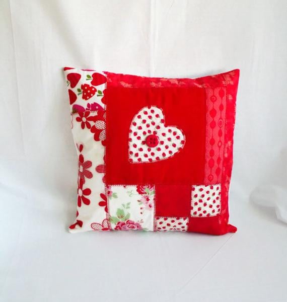 red heart patchwork applique cushion cover, valentines day pillow slip
