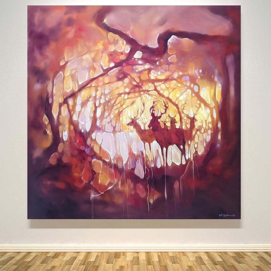 The Gloaming is a semi abstract red, purple and gold painting of a group of deer