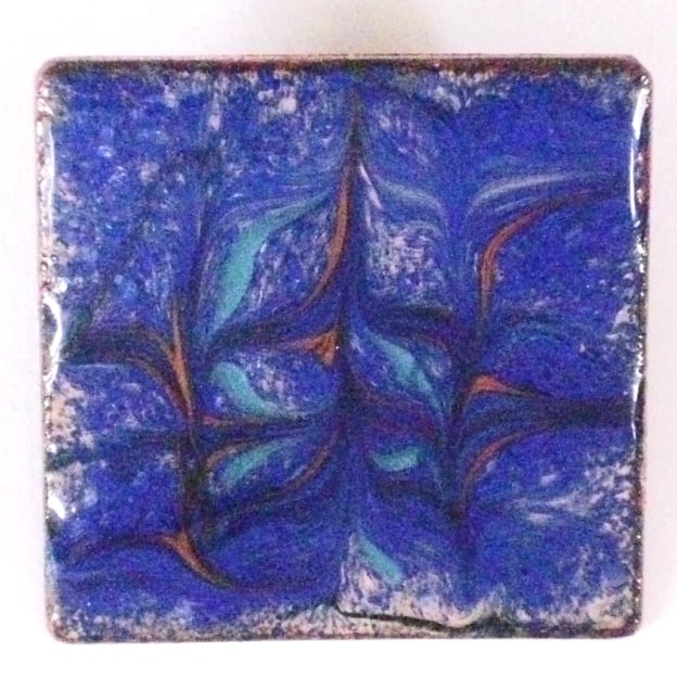 brooch - square: scrolled black, red, turquoise over dark blue on clear enamel