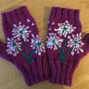 Raspberry Pink Fingerless Gloves With Embroidered Dandelion Clocks (J16)