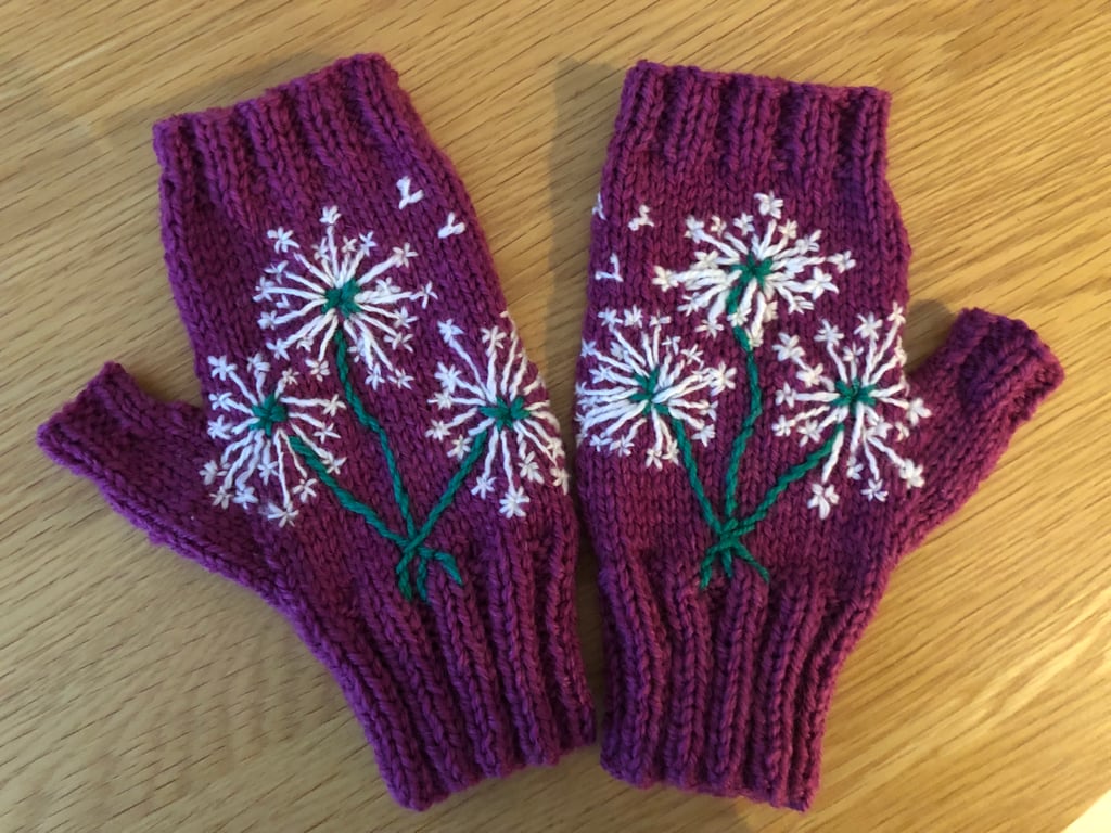 Raspberry Pink Fingerless Gloves With Embroidered Dandelion Clocks (J16)