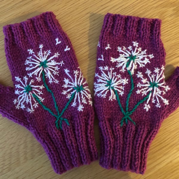 Raspberry Pink Fingerless Gloves With Embroidered Dandelion Clocks (J16)