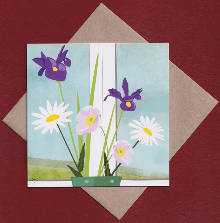 Greetings card - irises and white daisies