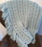 Soft Duck Egg Blue Crocheted Wool Lap Blanket with Fringe. - Image 4