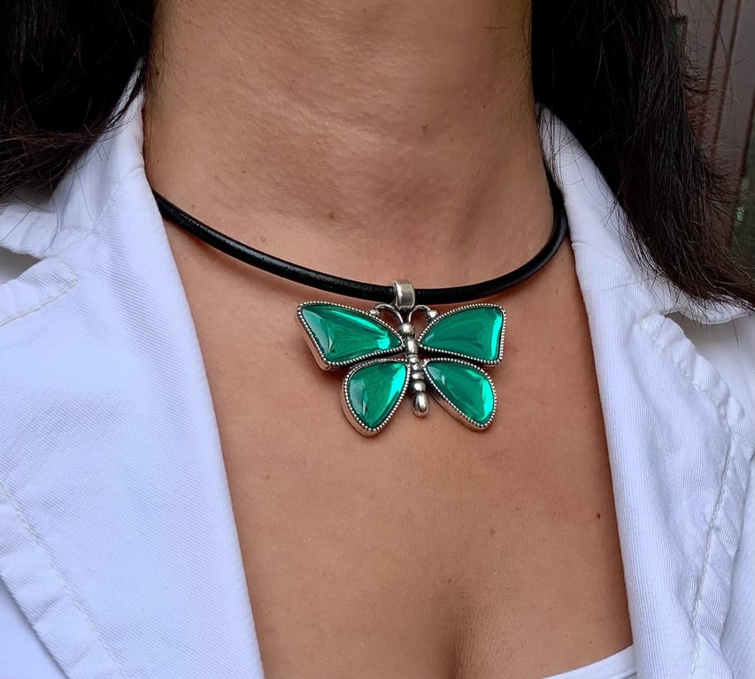 Women's Leather Choker, Silver Plated Crystal Butterfly Pendant, Boho Jewellery