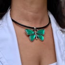 Women's Leather Choker, Silver Plated Crystal Butterfly Pendant, Boho Jewellery