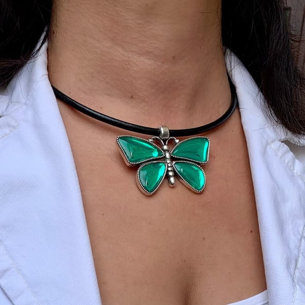 Women's Leather Choker, Silver Plated Crystal Butterfly Pendant, Boho Jewellery