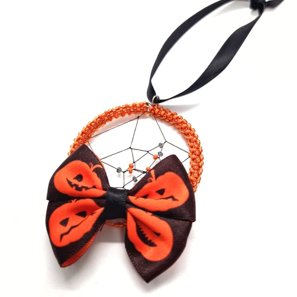 Small halloween pumpkin bow beaded dreamcatcher hanging decoration