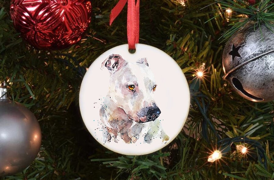 Staffordshire Bull Terrier Ceramic Circle Tree Decoration. Staffie Xmas Tree Dec