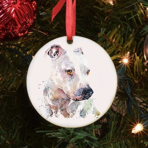 Staffordshire Bull Terrier Ceramic Circle Tree Decoration. Staffie Xmas Tree Dec
