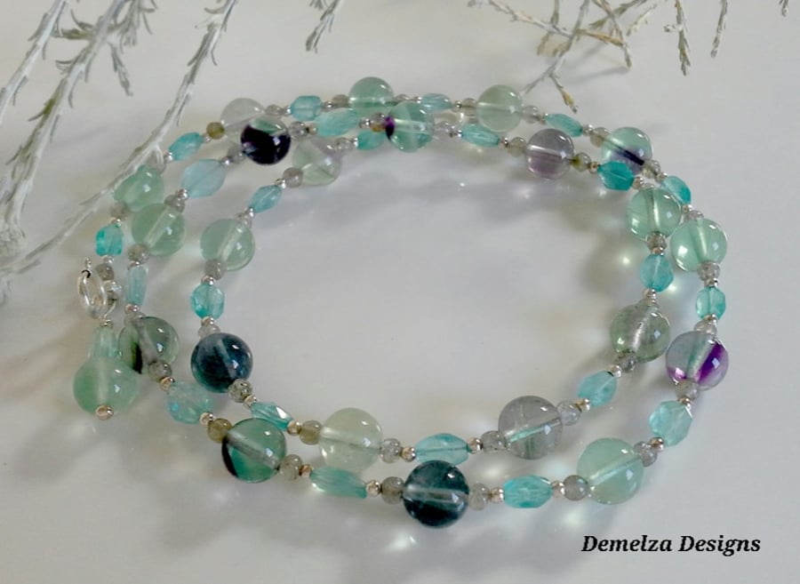 Designer Natural Apatite & Fluorite Hand Made Sterling Silver Necklace