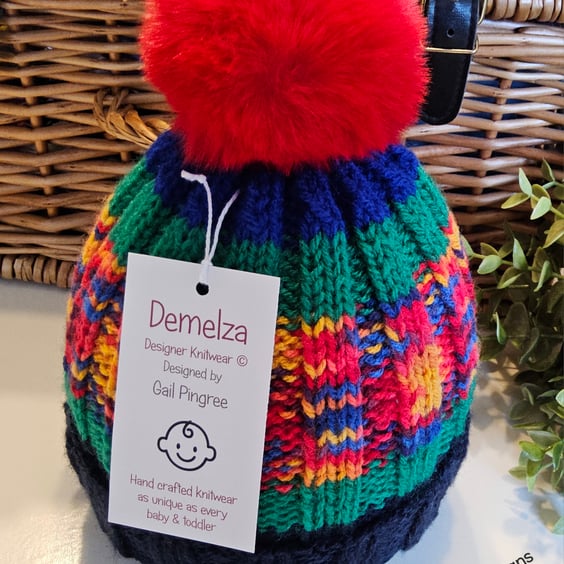 Designer Hand Knitted Ribbed Large Pom Pom Beanie Hat 1-2 Years size