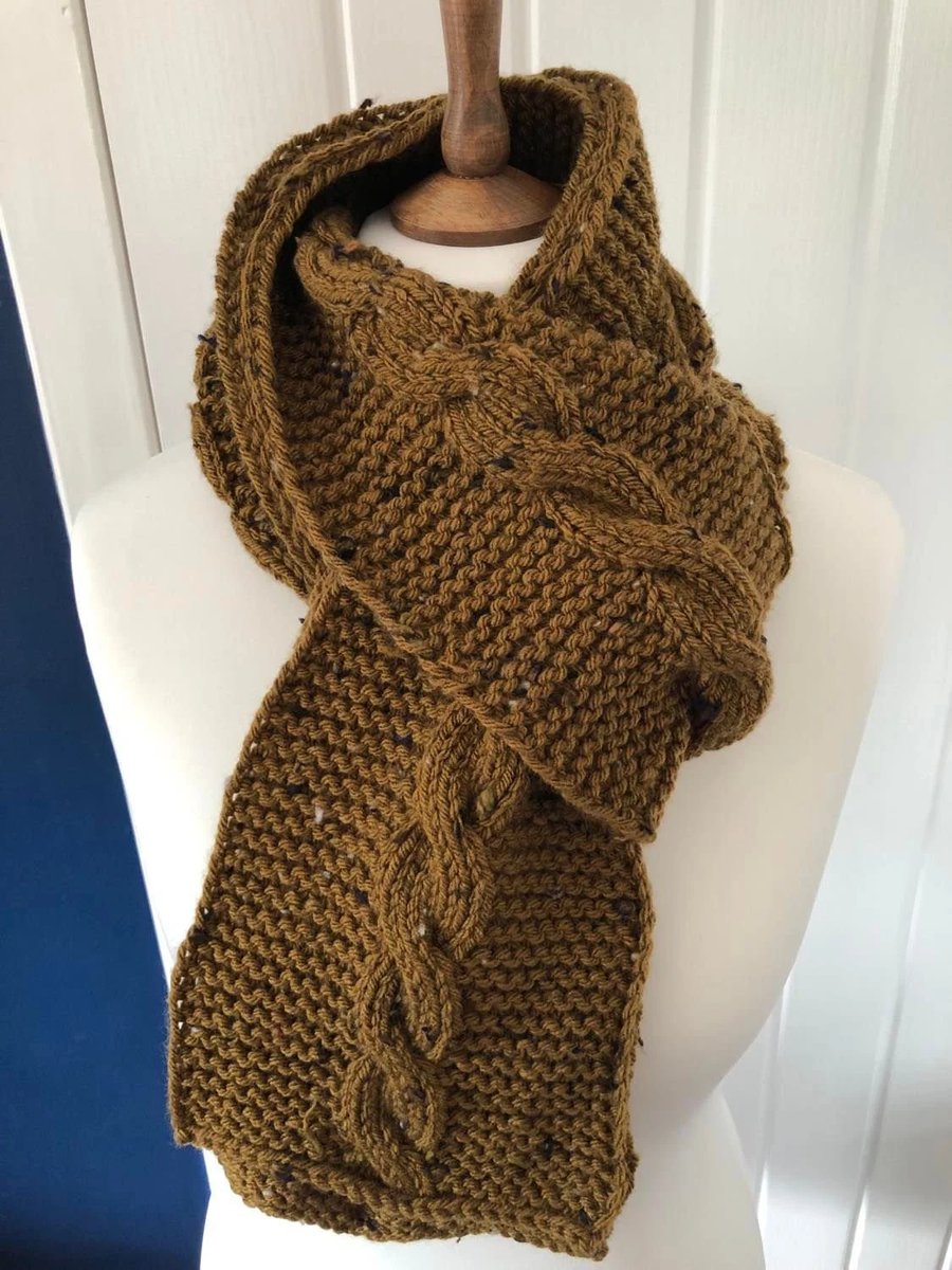 Scarf Dark Tan Cabled knit unisex 72" long x 7" wide acrylic wool mix Tweed