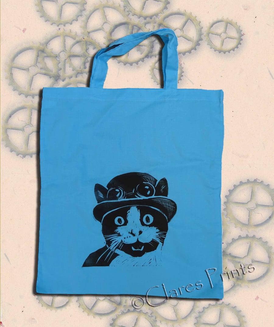 Steampunk Cat Tote Bag Animal Linocut Hand Printed Blue Shopping Bag