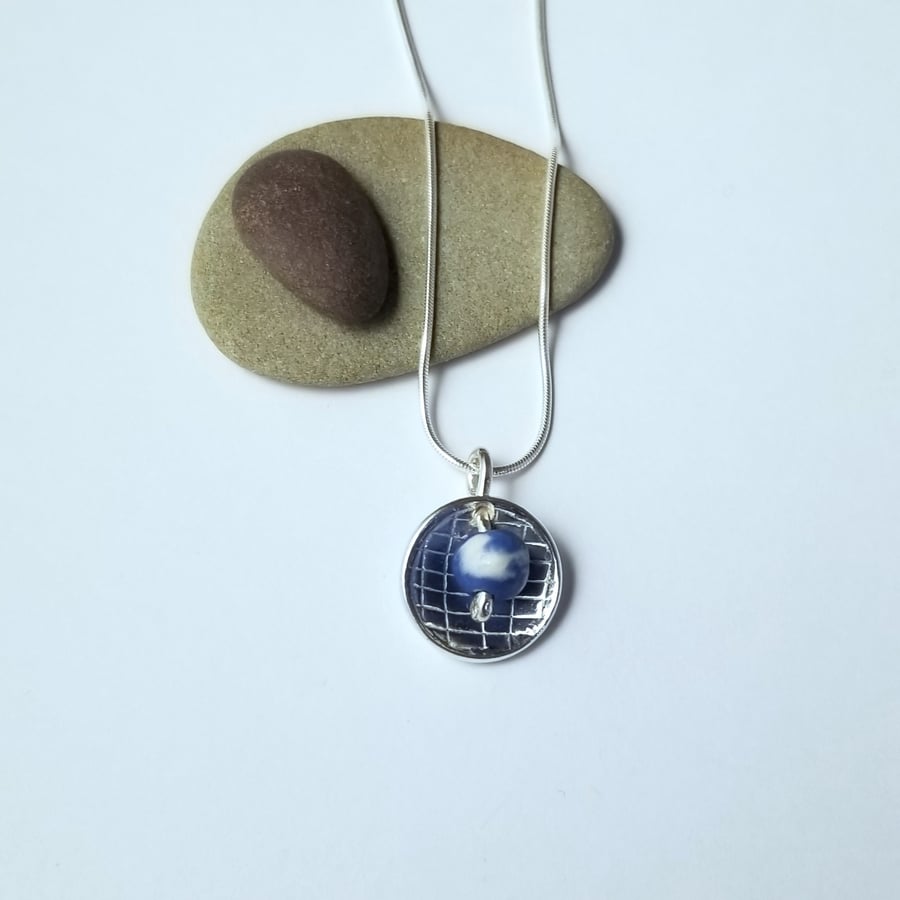 Necklace Ceramic Blue & White, Texture Dome Pendant, Sterling Silver 3 UK Post