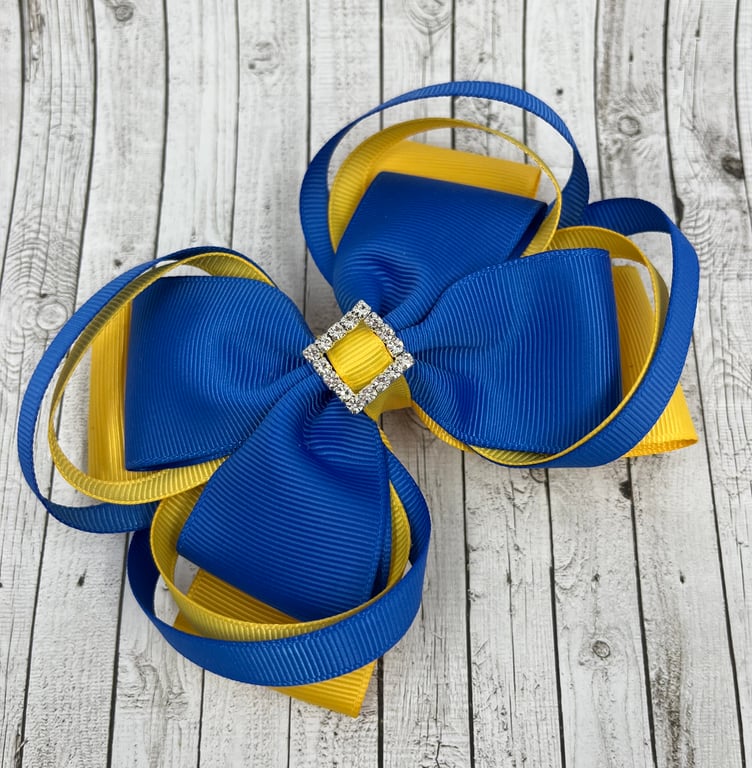 Large 5 inch Royal Blue and Yellow Gold Double Layer Bow with Double Loops