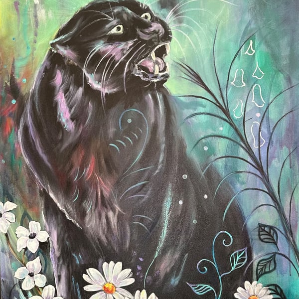 The Panther's Garden – Original Mixed-Media Painting