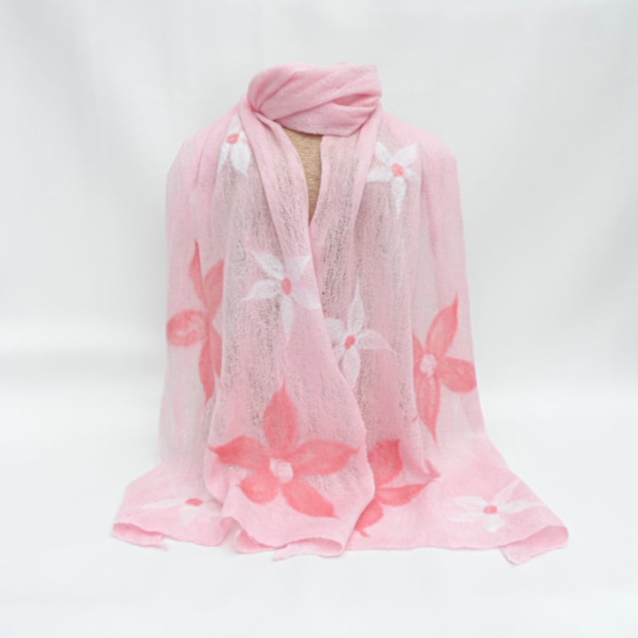 Long Pink nuno felted scarf, wool on cotton with flower detail