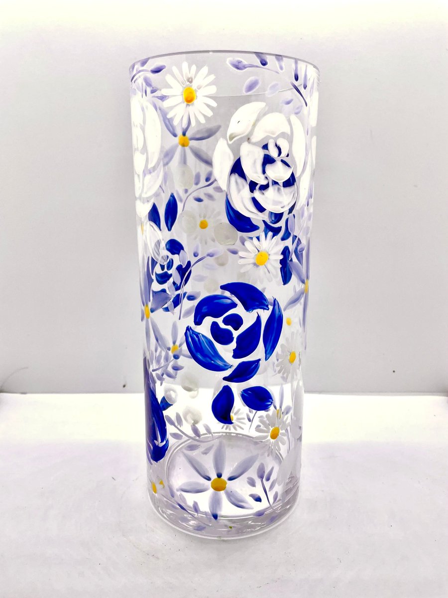 Blue Vase Hand Painted Rose Design. Gift for modern home. Decorated Vase