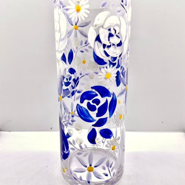 Blue Vase Hand Painted Rose Design. Gift for modern home. Decorated Vase