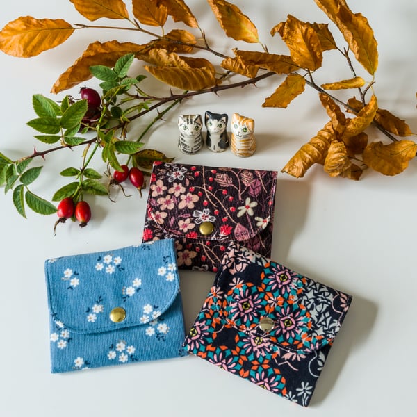 Small wallet, accordian style in cosy Autumn courduroys for cards and cash