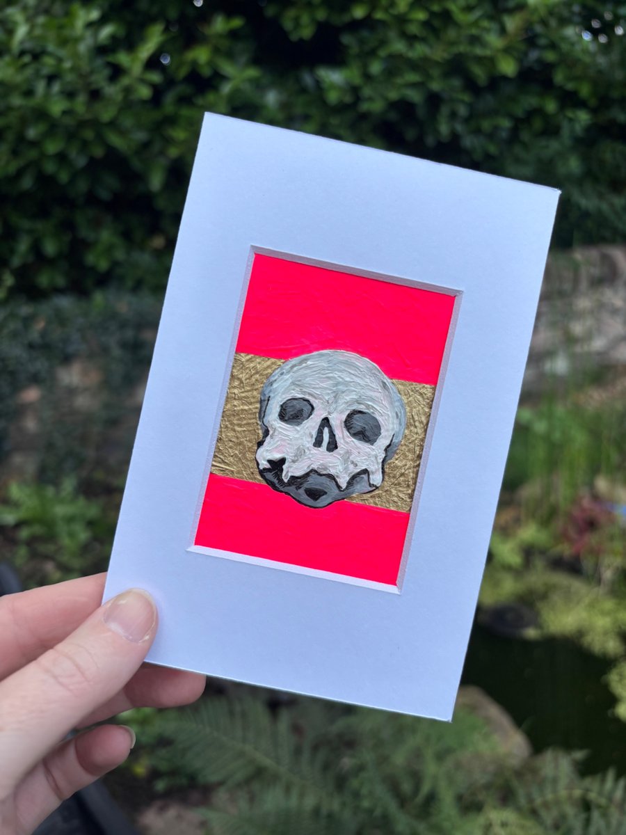 Original Fine Art ACEO human skull oddity neon pink Painting - One of a Kind
