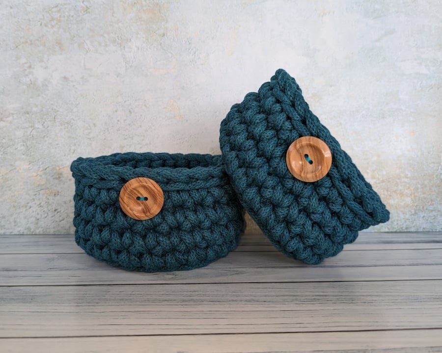 Crochet container, storage pot, bathroom decor, desk tidy, recycled