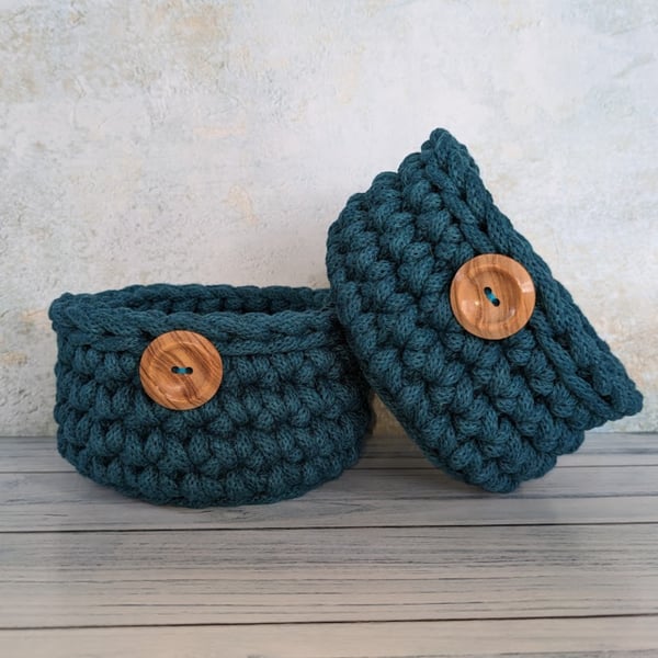 Crochet container, storage pot, bathroom decor, desk tidy, recycled