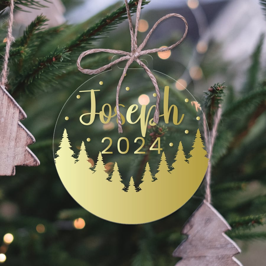 Name & Year Forest - Clear Acrylic, Custom Bauble, Vinyl, Clear Bauble