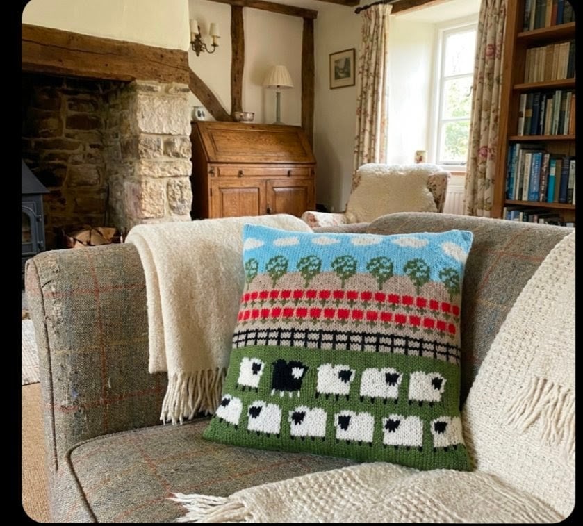 Sheep and Poppies Cushion Knitting Pattern, Digital Pattern