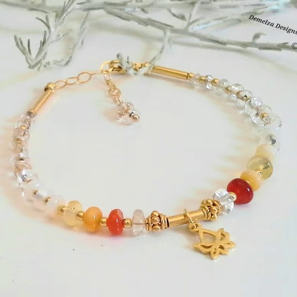 Mexican Fire Opal & Rare Imperial Topaz & Lotus Flower Gold Vermeil Bracelet