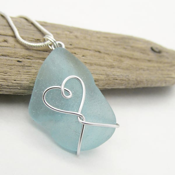 Sea Glass Pendant - Aqua Green - Scottish Silver Wire Wrapped Heart Jewellery
