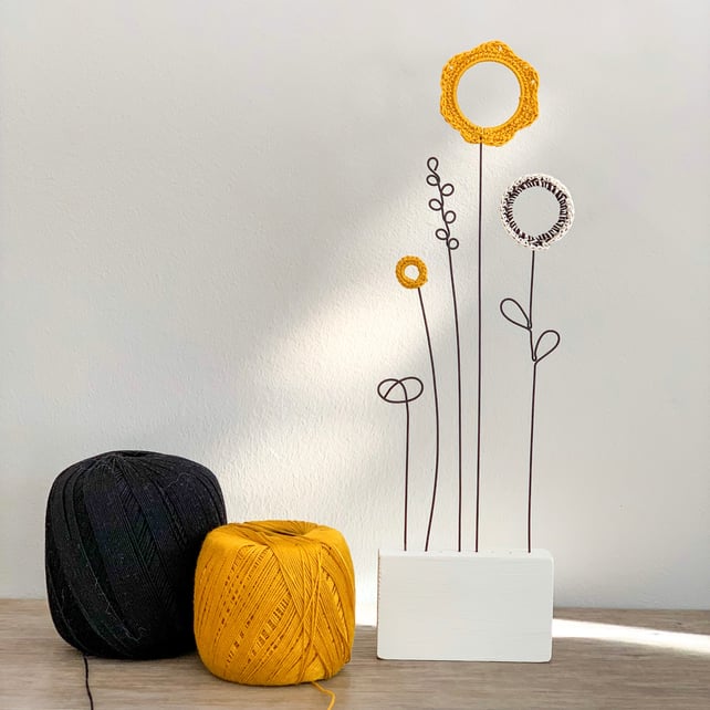 Letterbox Gift Wire & Crochet Flowers - Mustard and Black