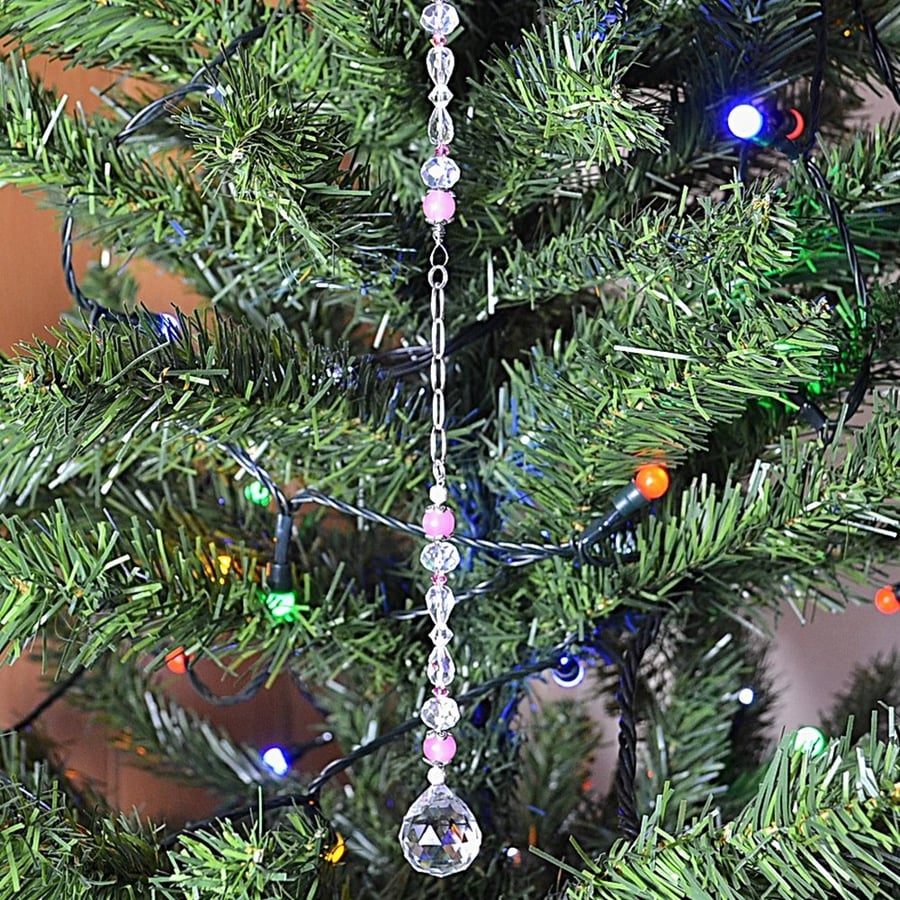 Suncatcher – Pink, Clear, and Silver, with Chain and Crystal Drop