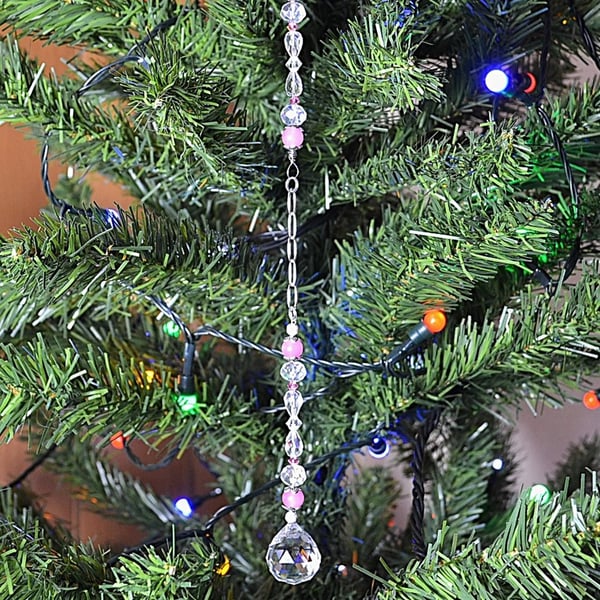 Suncatcher – Pink, Clear, and Silver, with Chain and Crystal Drop